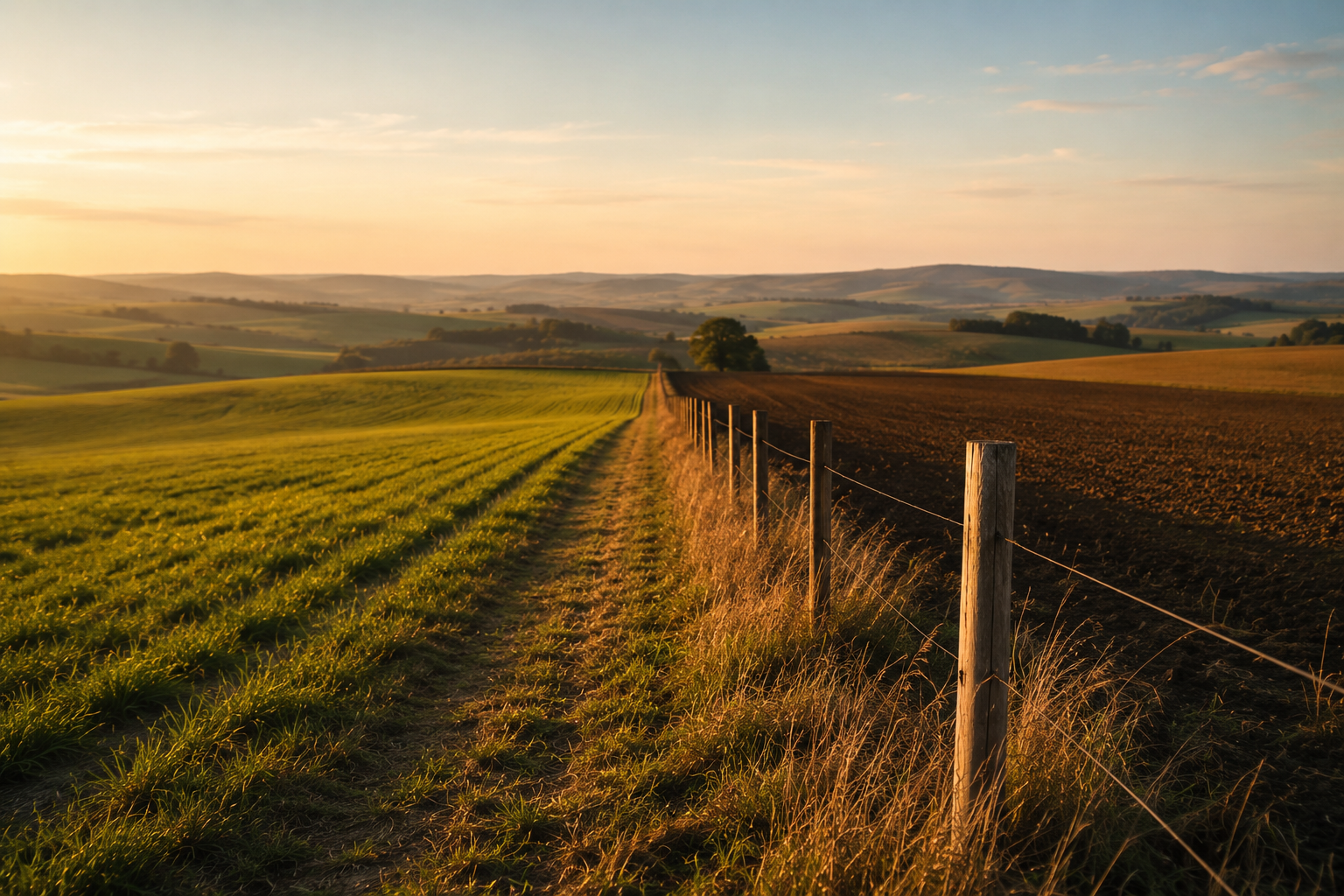 Gard de hotar între două parcele agricole, la asfințit